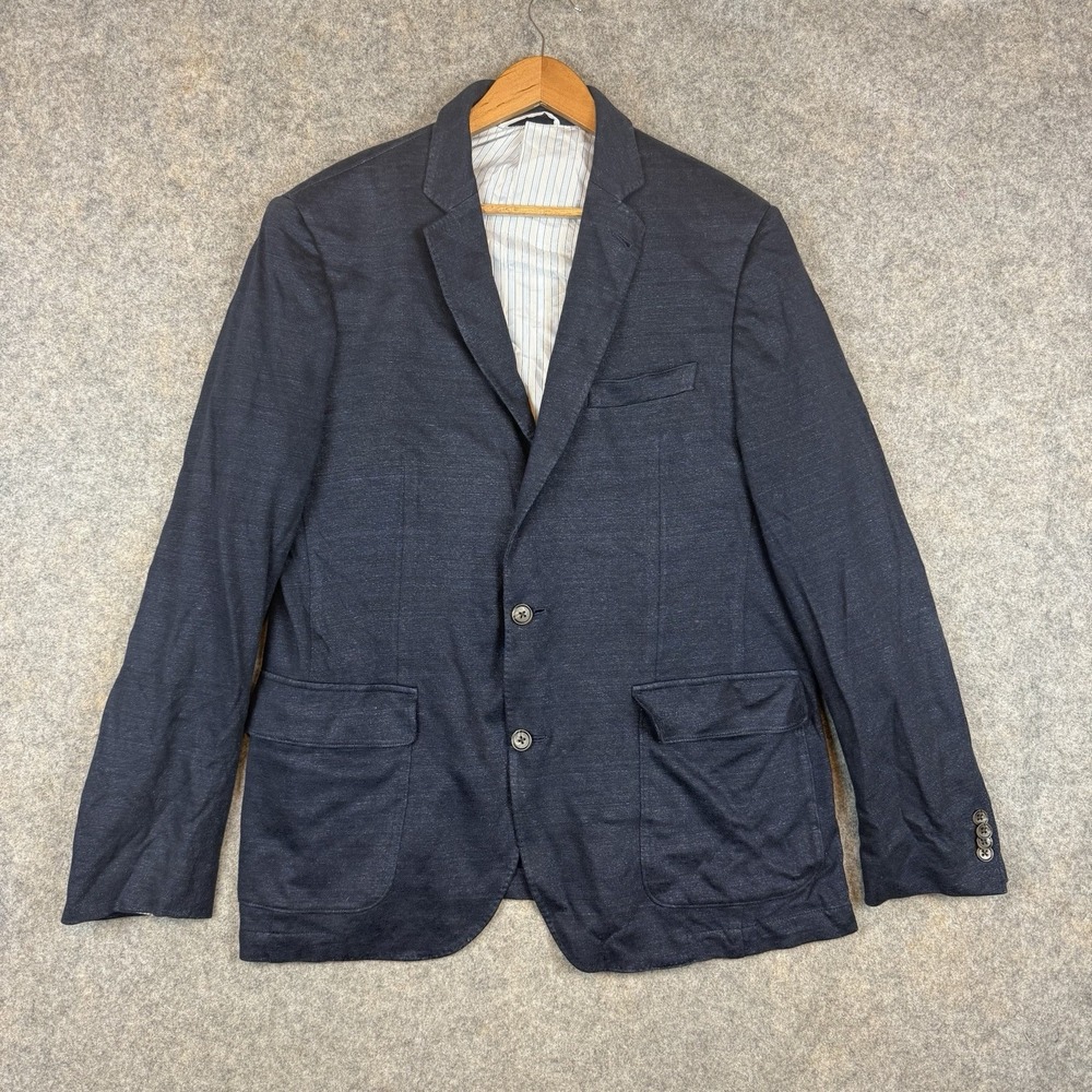 FLYNT Spicoli Blazer Mens 42L Navy Blue Solid Linen Cotton Sport Coat Jacket
